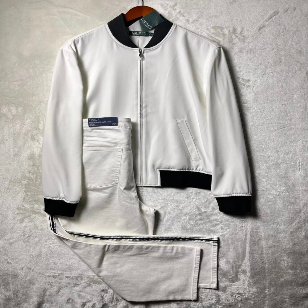 NWT Talbots Flawless Denim 16P White Black Stripe High-Waist Straight-Leg Ankle